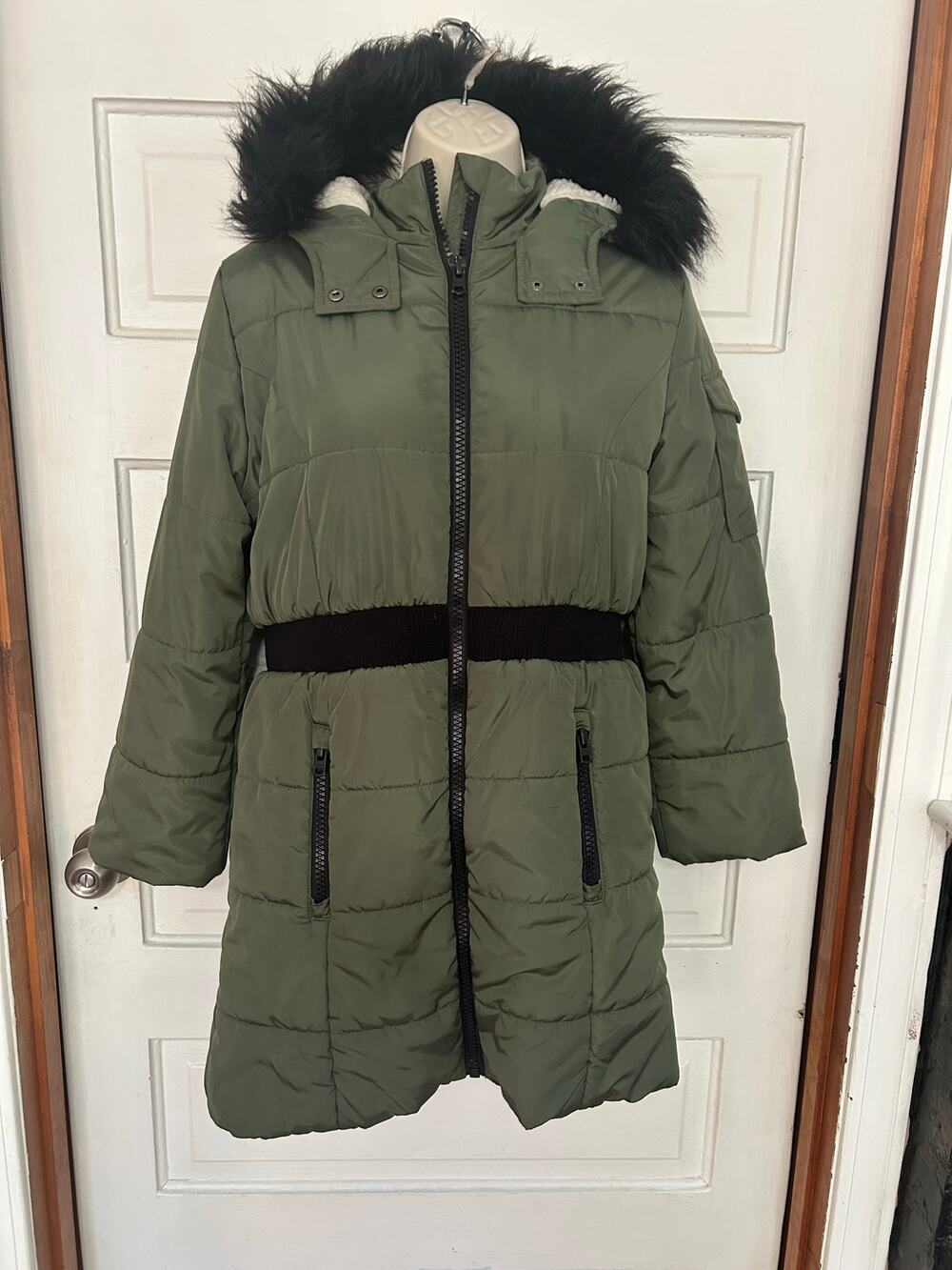 Hudson Girls Coat Size Large 12/14 Green Puffer Fur Hood Full Length Zipper XC